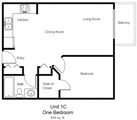 Floor plan for 1 bed, 1 bath, 634 sqft